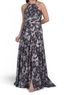 BETSY & ADAM High Neck Foil Gown